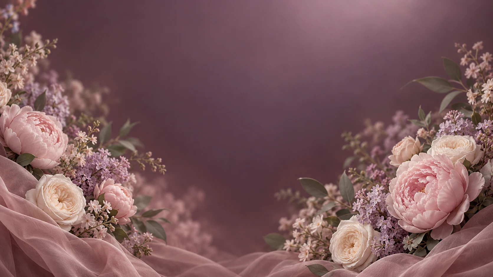 Soft blush peonies and ivory roses against a muted mauve background
